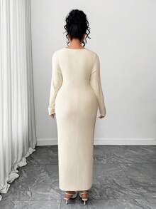 Elenzga Plus Size Women Elegant Oblique Shoulder Long Sleeve Dress, Spring - Apricot - View 2