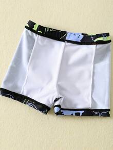 SHEIN Bubblio 3件套男婴撞色霓虹恐龙印花泳衣套装，含防晒衣和遮阳帽，适合度假、海滩和游泳 - 綠色 - 查看 9