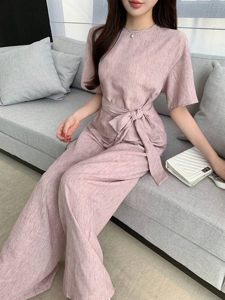 2pcs Women's Casual Tie-Waist Loose Short Sleeve Shirt Top And Straight Leg Pants Set, Suitable For Spring, Summer, Valentine's Day