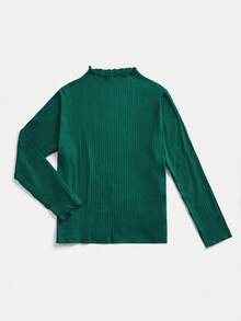 SHEIN EZwear 女式加大码橄榄绿罗纹长袖T恤，简约秋季 - 墨綠色 - 查看 5