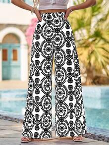 Breezaya Women's Fashionable Casual Printed Wide Leg Pants - Black - View 4