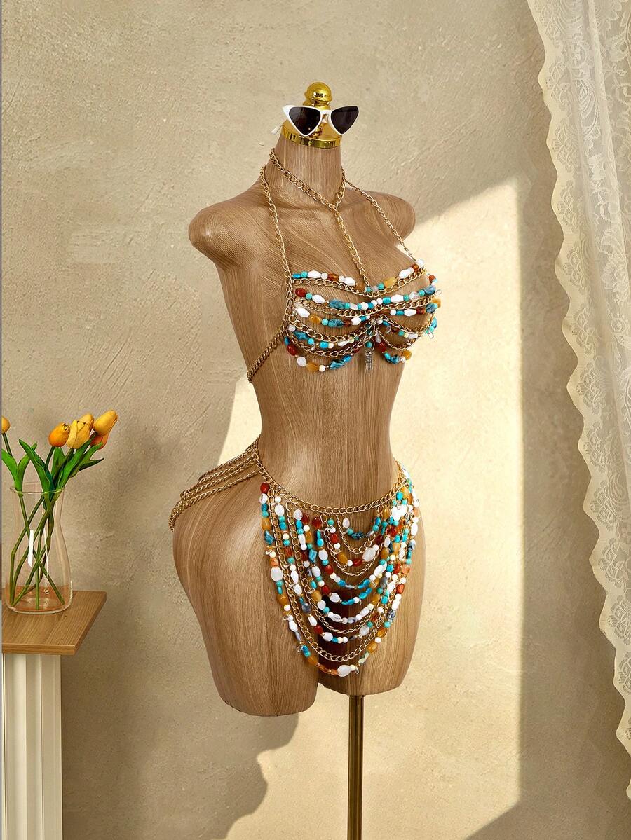 Mistrie Women's Colorful Beaded Swimwear Set, 2pcs/Set, Women's Swimwear Set, Beach VacationSwimwear Set, Island Vacation Swimwear Set, Beach Pool Party Holiday Wear, Spring/Summer, Spring/Summer Boho Swimwear, Women's Beach Bikinis Summer 2026 Summer Outfits For Women Beach Dress Beach Outfits For Women Elegant Casual Summer Holiday Outfits Vacation Outfits For Women Swimwear Bathing Suits For Women Bikini Dress Sexy Summer Rhinestone Bikini Beaded Bikini - Blue - View 1