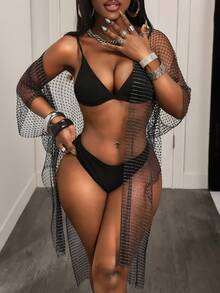 BamGleam 女士泳衣罩衫网纱水钻款，女士泳衣罩衫，性感女士夏季泳衣罩衫 - 黑色 - 查看 1