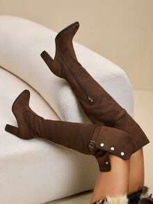Daringsoles Giày bốt cao đến đầu gối đế dày, đa năng, phù hợp cho nữ, thích hợp đi làm. - Nâu rỉ sét - Xem 3