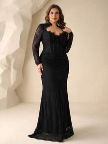 Coutiva 大码立领蕾丝长袖及地正式晚礼服（缀饰繁复） - 黑色 - 查看 5