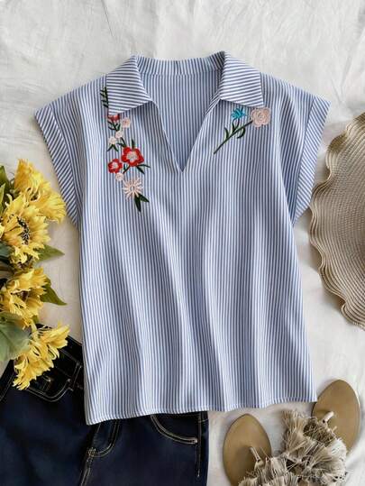 Franclia Women's Elegant Casual Embroidered Striped Shirt, Suitable For Work And Leisure, Spring/Summer