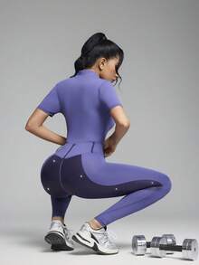 Innovista Women's Contrast Zipper Collar Short Sleeve T-Shirt, Earrings, Leggings, Equestrian Outfit - Purple - View 5