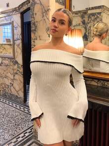 Bethéva Elegant & Sexy White Contrast Lace Patchwork Off Shoulder Flare Sleeve Waist Cinched A-Line Mini Sweater Dress, For Autumn & Winter, Fall And Winter, Elegant, Blackand, White, Longsleeve - White - View 1