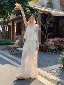 DAZY 2pcs Women Camisole Top + Loose Embroidered Wide Leg Pants Set - White - View 8