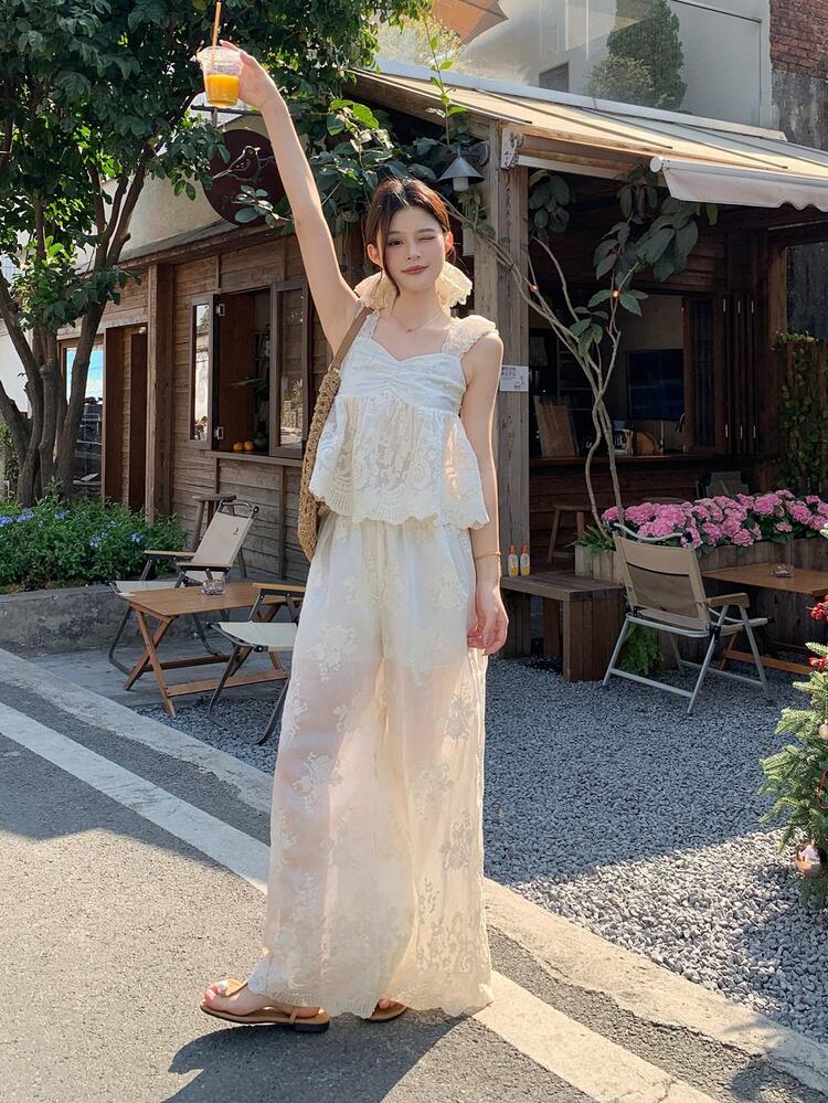 2pcs Women Camisole Top + Loose Embroidered Wide Leg Pants Set