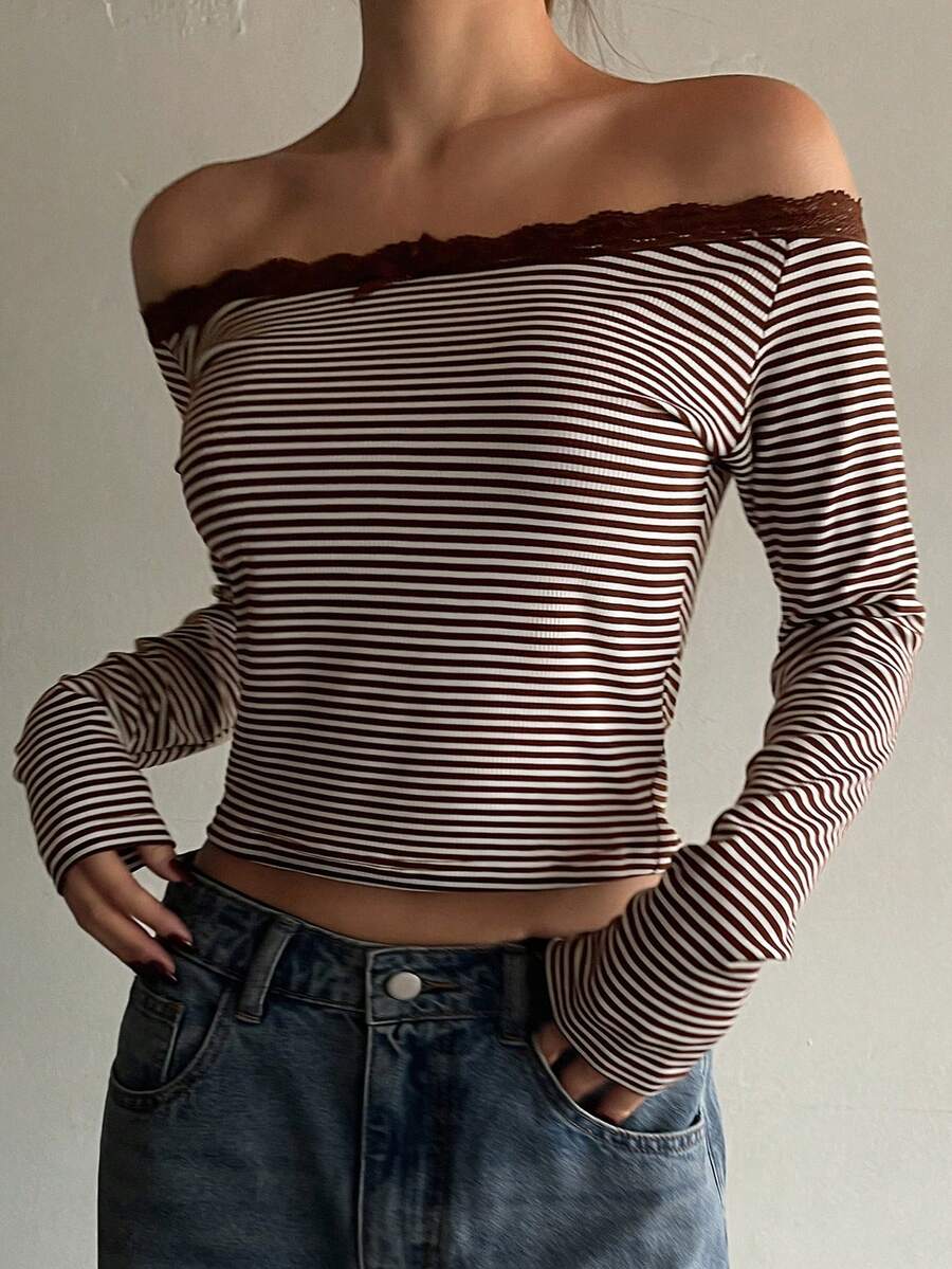 DAZY 女士露肩条纹蕾丝拼接休闲百搭日常长袖T恤 - 灰色 - 查看 1