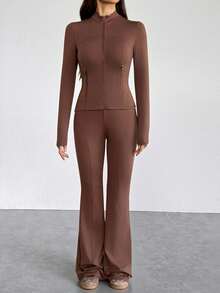 SHEIN Tall 2025春夏新款休闲简约棕色修身开襟长袖侧拉链口袋T恤+高腰喇叭裤女两件套，适合日常出行、返校、毕业典礼、早午餐、机场出行、派对聚会、节日、旅行等场合，简约百搭，休闲舒适。 - 棕色 - 查看 7