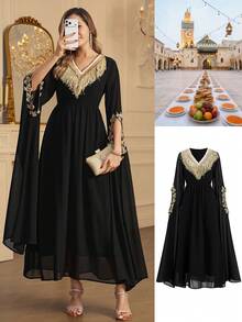 Ellevyn Damen neue elegante Kleid mit geraffter Taille, individuellem Quastenbesatz am Kragen, Blumenmuster, schwarzer Chiffon, Langarm, Schlitz-Saum, klassisches schwarzes Kleid, geeignet für Familientreffen und verschiedene Anlässe - Schwarz - Übersicht 6