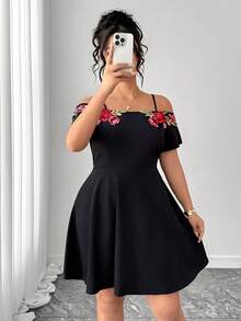 Elenzga Plus Size Women's Summer Elegant Boho Party Cocktail Dress,Black And Red Embroidered Floral Off-Shoulder A-Line Short Sleeve Waist-Cinching Fashion - Black - View 3