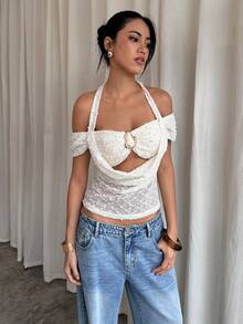 Siren Gaze 女士金属装饰露背吊带T恤，春夏新品 - 杏色 - 查看 5