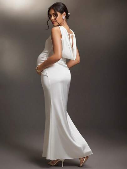 Cheriluna Maternity 纯色露背系带V领长款孕妇写真连衣裙