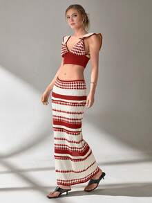 SHEIN Cottnline Women Top And Skirt Openwork Sweater Cover Up Set - Red - View 5