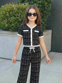 SHEIN Girls' Elegant Black And White Plaid Button-Up Short Sleeve Top And Matching Pants Set,Knit Print 2-Piece Outfit For Tea Party,Autumn Casual/Commute - Black and White - View 8