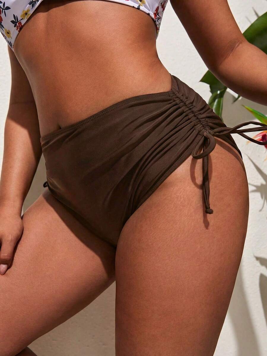 Swim Vcay Plus Size Solid Color Ruched Drawstring Casual Bikini Bottom - Brown - View 1