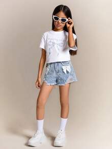 Radiana Tween Girl Elegant Light Washed Distressed Bowknot Denim Jeans Shorts With Pocket Insert, Faux Pearl, And Frayed Hem, For Spring And Summer Vacation Festival - Light Wash - View 5
