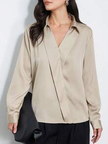 Aveloria Modichic Fashionable Minimalist Versatile Commuting Satin Design V-Neck Overlapping Wide Hem Collar Long Sleeve Shirt - Champagne - View 1