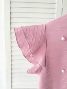 SHEIN Tween Girls' Spring/Summer Casual Beaded Elegant Ruffle Trim Woven Textured Round Neck Blouse, Pink - Pink - View 3