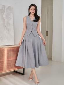 DAZY 女士优雅纯色V领仿口袋褶裥背心和半裙两件套，夏季婚礼宾客礼服 - 藍色 - 查看 4