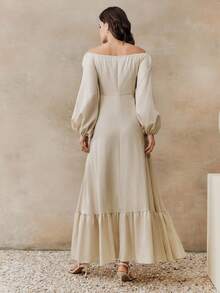 Anewsta 优雅春夏新款露肩泡泡袖长袖连衣裙，腰部饰有对称 3D 刺绣花卉，裙摆呈喇叭形，尽显优雅气质 - 杏色 - 查看 2