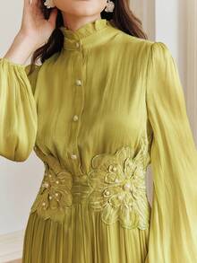 Anewsta Elegante abito con maniche a petalo, vita stretta, decorato con perline e fiori 3D in tessuto lucido, nuovo abito da donna adatto per festival, celebrazioni e casual kaftan - Verde - Visualizzare 5
