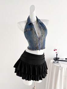 Elamini 女士铆钉设计拉链前开露背吊带牛仔上衣 - 藍色 - 查看 3