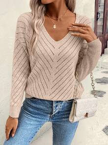 SHEIN LUNE Sweater Wanita Longgar Kasual Berongga Geometris Bertekstur Leher V - Aprikot - View 6