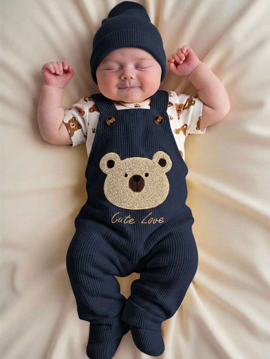 SHEIN 男婴杏色可爱棕熊头刺绣直筒连体裤,适合日常外出、居家休闲、亲子互动、生日派对及其他喜庆场合,四季皆宜 - 寶藍色 - 查看 1