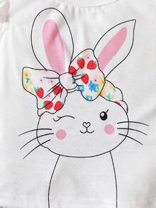 SHEIN 2pcs/Set Baby Girls Cute Rabbit Print Short Sleeve Top And Pants Set, Summer - White - View 5