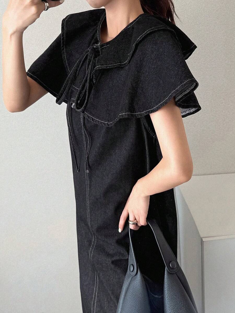 FRIFUL Women's Ruffle Tie Neck Loose Straight Casual Denim Dress - Blue - View 1