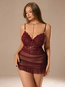 SHEIN Privé 1 Set Plus Size Women Lace Robe With 3D Floral Decor + Plus Size Lace Camisole Slip Dress With Waist Cinching Design Sexy Red Sets For Spring Valentine's Day Valentine Red Outfit For Women Spring Dress For Women - Maroon - View 3