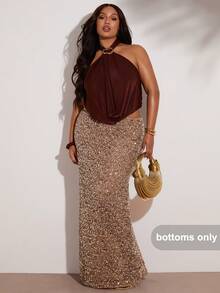 SHEIN BAE 大码派对夜店宴会图案刺绣亮片闪亮鱼尾优雅女士长裙，白色裙子，派对裙，优雅女士裙，万圣节服装，夏季，暑假，春假，情人节，狂欢节 - 卡其色 - 查看 6