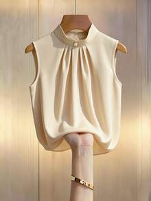 Almamuse Áo sơ mi nữ không tay cổ tàu xếp ly màu trơn, thời trang và đa năng, phù hợp cho đi làm và đi chơi. - Rượu sâm banh - Xem 3