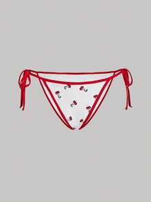 SHEIN MOD Conjunto de Maiô Bikini Sexy com Top de Manga Curta e Amarração no Pescoço, Estampa de Cereja, Praia de Verão - Vermelho e Branco - Visão 10