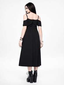 ROMWE Goth 哥特式刺绣露肩中长连衣裙（女款） - 黑色 - 查看 3