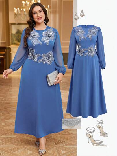 Ellevyn Plus Size Elegant Festklänning med Paljetter och Broderad 3D-Blomsterdekor