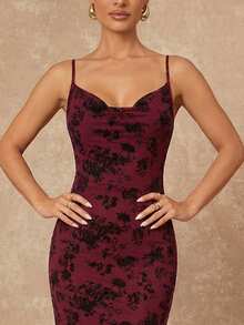 Lumalex 春夏新款女士聚会派对魅力优雅宴会低调奢华闪耀假日派对魅力优雅锐舞节郊游度假热门户外丰富层次婚礼季宴会成人礼花卉3D天鹅绒吊带露背金属链装饰紧身美人鱼连衣裙，适合女士奢华舞会圣诞节新年，女士派对礼服，宰牲节派对，情人节浪漫约会 - 酒紅色 - 查看 6
