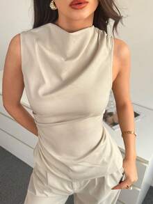 Modelyn Women's New Casual Elegant Simple Versatile Daily Commute Outfit, Featuring Pleated Waist Ruffle Trim, Asymmetric Hem, Stand Collar, Sleeveless, Soft & Comfortable Fabric Top/Tank - Khaki - View 1