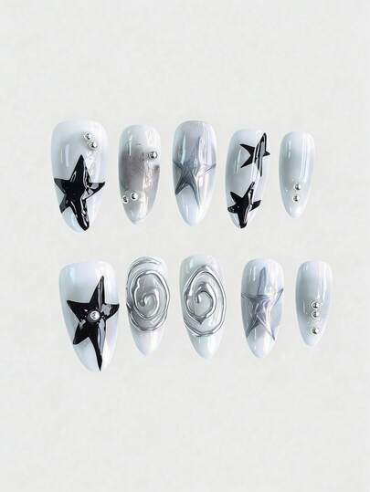ROMWE Goth 10片朋克风手绘星星美甲贴片 + 3片美甲双面胶带，高品质可重复使用假指甲，中长款杏仁形假指甲贴片，四季皆宜，适合日常佩戴，也适合舞会和派对等场合。
