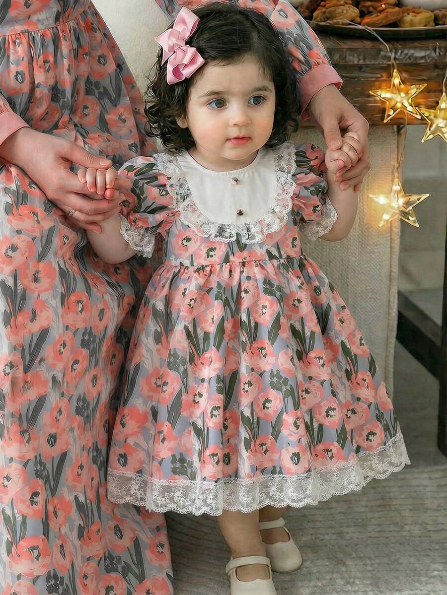 LMoss Kids 女童夏季碎花拼接刺绣网纱泡泡袖连衣裙 - 彩色 - 查看 1