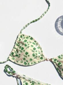 Swim Mod 女士碎花可调节露背吊带三角比基尼上衣和高衩比基尼泳裤套装，时尚、可爱、性感，适合海滩、游艇派对、度假村等场合。 - 彩色 - View 4