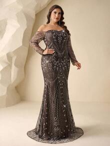 Coutiva 大码优雅秋冬亮片串珠露肩长袖两件套，搭配美人鱼裙，正式晚礼服，适合婚礼宾客、毕业典礼、生日派对、音乐节等场合，闪亮水钻，奢华钻石，耀眼魅力。 - 棕色 - 查看 4
