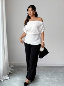 Elenzga Plus Size Women's Elegant Ruched Drawstring Tie Waist Off-Shoulder Blouse, Spring/Summer - White - View 4