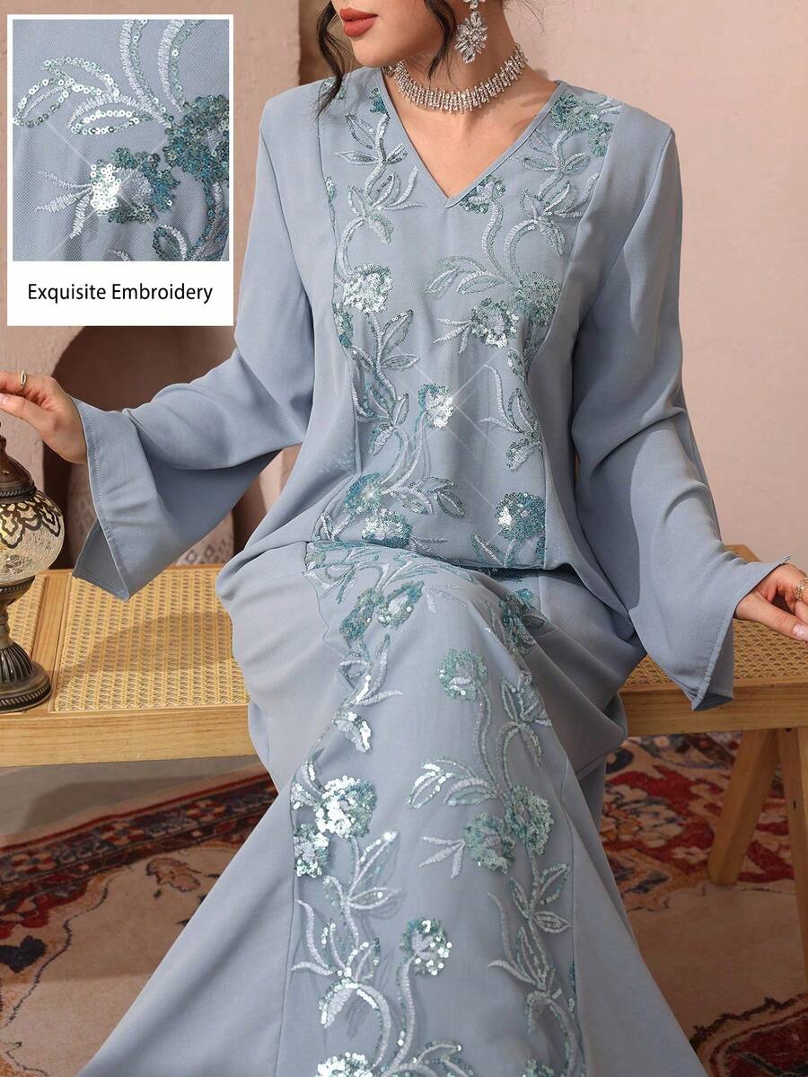 Al Najma Đầm dài tay dáng rộng, màu trơn, cổ chữ V, phối sequin, trang nhã. - Màu xanh lam - Xem 1