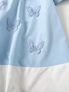 SHEIN Young Girl Casual Cute Daily Commute Contrast Color Peter Pan Collar Puff Sleeve Loose Dress, Summer - Baby Blue - View 7