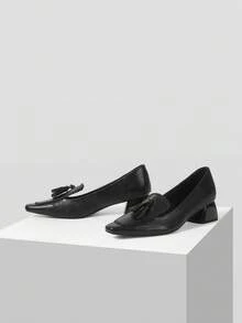 Mnmlis Women's Fashion Fringed Flower Spike Small Square Toe Thick Heel High Heel Shoes - Black - View 2